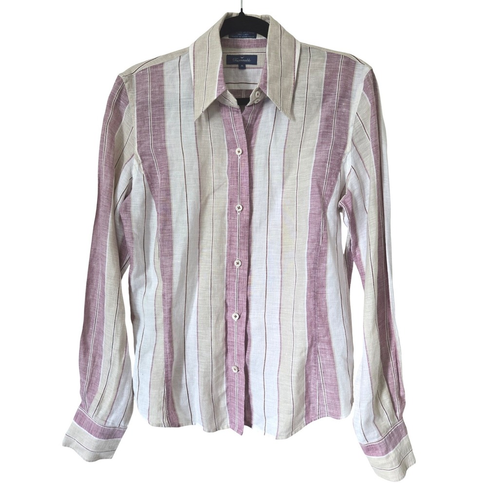 Faconnable Womens 100% Linen Striped Button Down Shirt Mauve Beige Size M